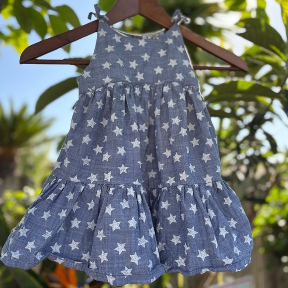 Baby B’gosh Girls Chambray White Star Pattern Twirl Dress - Picture 2 of 7